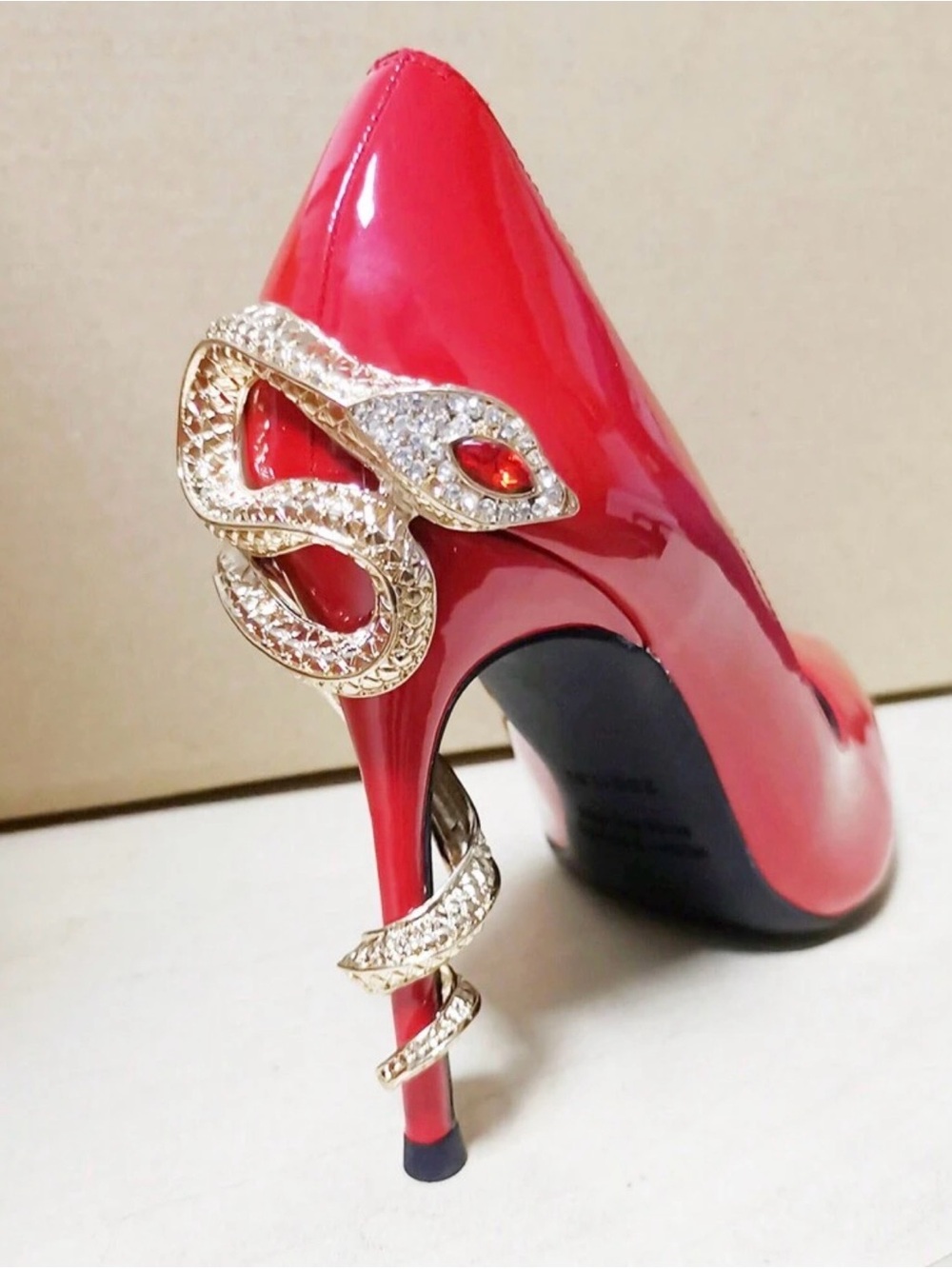Red Patent Heels with Gold Snake Embellishment